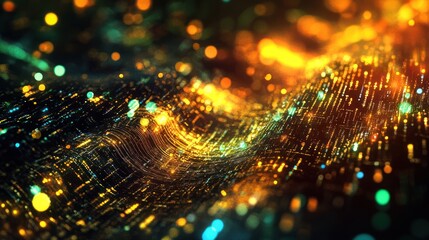 Poster - technology background with binary code flowing through abstract digital landscapes,