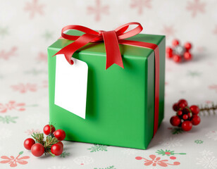 Green Christmas Gift Box with Red Ribbon