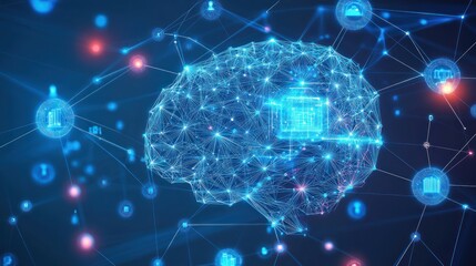 Poster - Technology background with machine learning themes, neural networks, data clusters, and interconnected AI symbols, 