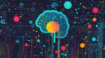 Poster - Technology background with machine learning themes, neural networks, data clusters, and interconnected AI symbols, 