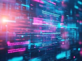 Poster - A team working in a futuristic virtual environment with glowing data screens and digital assistants, techy, highresolution, neon blue and pink accents
