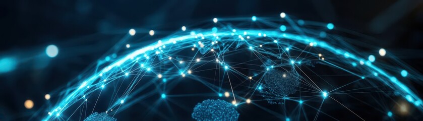 Poster - abstract representation of a global company network, with glowing digital connections linking across