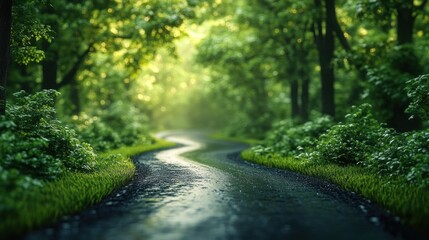 A winding road through a lush green forest, sunlight shining through the leaves.