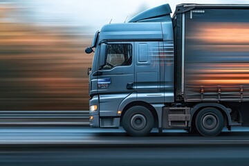 Side view of a transport truck in motion, blurred background highlighting the vehicle's speed, representing fast and reliable logistics services without visible branding