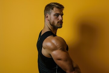 Wall Mural - fit man with a muscular build confidently standing against a solid color backdrop, showcasing both h