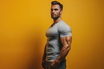 Wall Mural - fit man with a muscular build confidently standing against a solid color background, presenting with