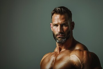 Wall Mural - close-up of a fit, muscular man presenting confidently against a solid color backdrop, emphasizing h