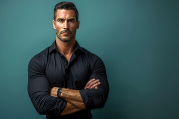 Wall Mural - fit man with a muscular build confidently standing against a solid color backdrop, blending professi