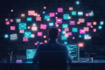 Poster - An office worker overwhelmed by floating holographic emails and messages, neon lit, dark background, surreal style, soft pastel glow