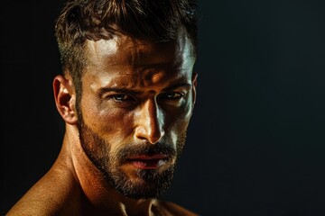 Wall Mural - A strong, muscular man with a sharp gaze and a focused mind, solid color background perfect for gym marketing that emphasizes the balance of strength and clarity