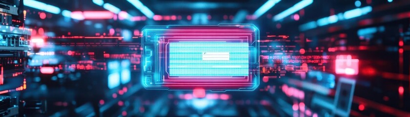 Leinwandbilder - Augmented reality worker badge, glowing resignation documents, futuristic factory equipment, advanced digital workflow