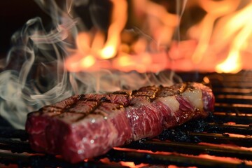 Wall Mural - Juicy beef steak being grilled, fire rising in the background