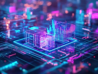 Aufkleber - Business executives analyzing holographic market trends with glowing charts and data streams, cyberpunk style, neon blue and purple