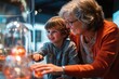 © kitipol - High-resolution brightly lit photorealistic candid photograph of a grandmother and grandchild having a joyful time at a science museum, exploring exhibits and sharing wonder. The photograph is styled