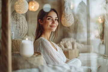 Wall Mural - High-resolution brightly lit photorealistic candid photograph of a beautiful presenter woman in a spa, surrounded by serene spa decor, smiling softly as she enjoys a moment of peaceful relaxation.