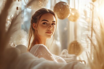 Wall Mural - High-resolution brightly lit photorealistic candid photograph of a beautiful presenter woman in a spa, surrounded by elegant decor and soft lighting, radiating relaxation and peace. The photograph is