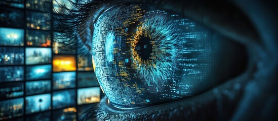 A close-up of a human eye with blue iris and digital code patterns, set against a blurred background of a wall of screens.