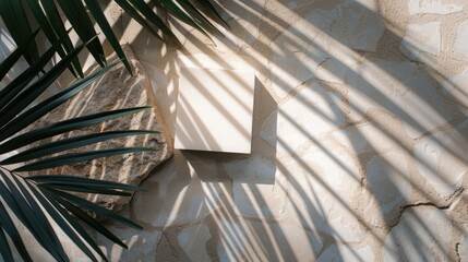 Sleek product showcase on stone with subtle palm leaves shadow, raw photo