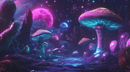 Wall Mural - Colorful psychedelic landscape with mushrooms and planets, surreal fantasy world. Psychedelic Art. Illustration