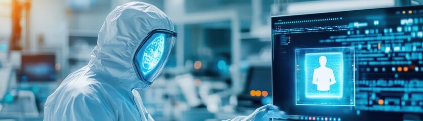 Aufkleber - Employee in futuristic protective suit, hologram resignation process, industrial machines with digital interface
