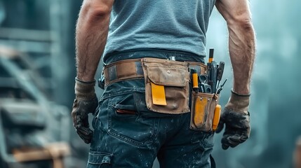 Maintenance worker with a tool bag on the waist showcasing the tools and equipment in the belt capturing the craftsmanship of the trade in a futuristic tone and triadic color scheme