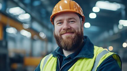 Cheerful and hardworking technician in uniform and safety helmet standing next to the production line at a modern cybernetic themed factory reflecting a productive and happy work environment