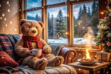 Adorable Bear Enjoys Hot Cocoa at Home - Cozy Indoor Scene with Warm Ambiance