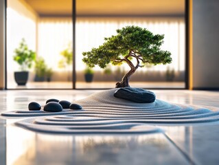 A serene zen garden with raked sand patterns, smooth stones and a bonsai tree for peaceful meditation and relaxation