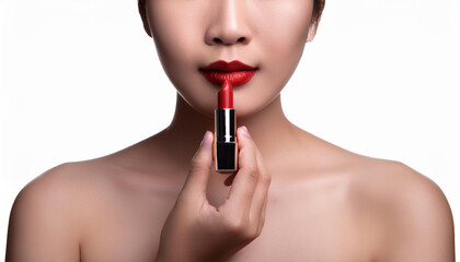 A beautiful Asian woman model applying red lipstick