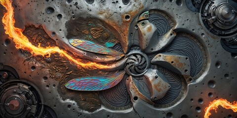 Poster - Abstract steampunk dragonfly design with flames on a metallic background.