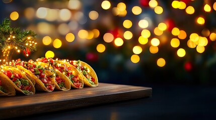 Christmas Background, Colorful tacos arranged on wooden board with festive bokeh lights in background.