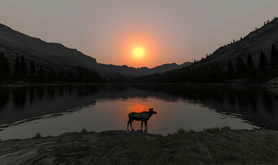 Wall Mural - A lone moose stands on the edge of a lake at sunset, surrounded by mountains and trees.