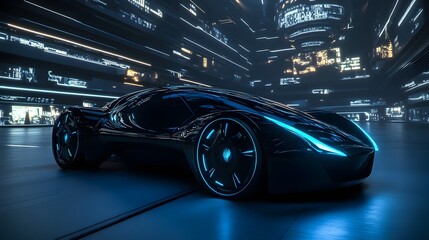 black futuristic electric car with blue light. Concept of future. 3d rendering. 