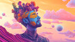 © Thiago - Surreal man with world map head exploring psychedelic dreamscape digital art concept. Psychedelic Art. Illustration