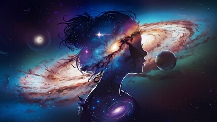 Wall Mural - A surreal and artistic illustration of a silhouette of a woman with a cosmic scene integrated into her profile. 