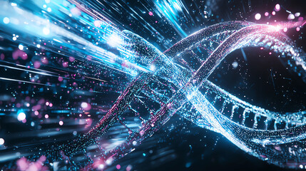 Poster - Abstract digital illustration of DNA helix with colorful light effects.