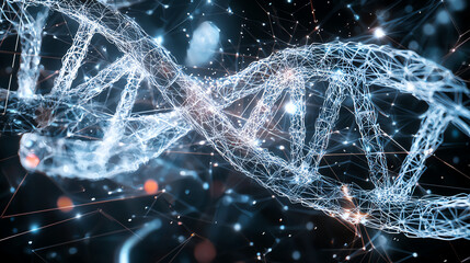 Poster - Abstract representation of DNA strands with glowing connections and particles.