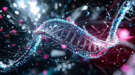 Poster - Colorful digital DNA strand against a sparkling background.