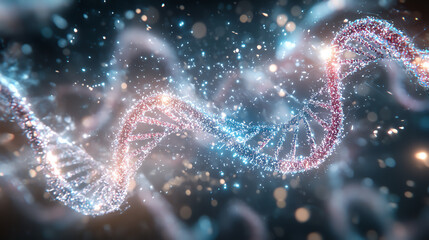 Poster - Colorful DNA strands with glowing particles in an abstract background.