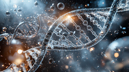 Poster - DNA double helix structure, abstract background with bubbles and light effects.