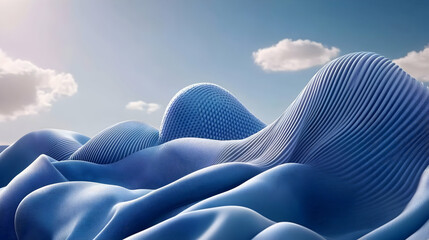 Abstract blue hills with wavy lines and clouds.