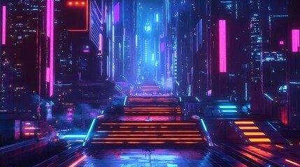 Poster - Abstraction, futuristic city of concrete and neon. Night city view, stairs up, illumination. Dark street, abstract scene, neon rays. 