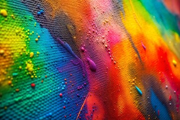 Wall Mural - rainbow paint splatter on textured canvas close-up