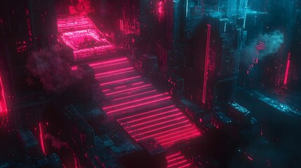 Poster - Abstraction, futuristic city of concrete and neon. Night city view, stairs up, illumination. Dark street, abstract scene, neon rays. 