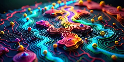  Colorful Topographic Map with Route and Coordinates Icon - 3D Minimalist Illustration on Black Background