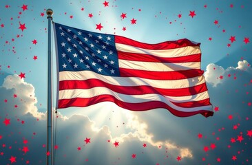 Waving American flag illuminated by sunlight amidst a dynamic cloud backdrop filled with red stars