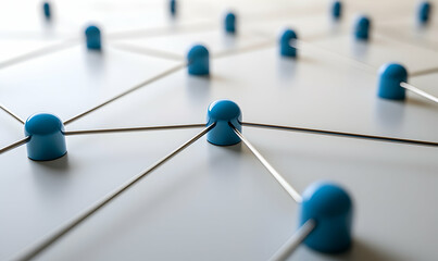 Abstract network of blue dots connected by thin silver wires on a white background.