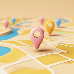 Colorful map pins on abstract city map for navigation illustration