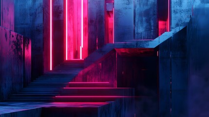 Poster - Abstraction, futuristic city of concrete and neon. Night city view, stairs up, illumination. Dark street, abstract scene, neon rays. 