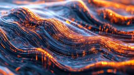 Leinwandbilder - Abstract Wavy Surface with Glowing Orange Lines and Dots